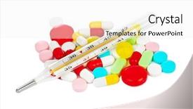  Presentation with white pills spilled from pills - PPT theme featuring pharm - pills and thermometer isolated background and a  colored foreground