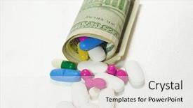  Presentation with concept high blood pressure used tablets - Beautiful presentation theme featuring pharma drugs - high costs of expensive medication backdrop and a white colored foreground