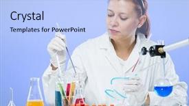  Presentation with lab test - Slide set featuring pharma drugs - woman with test tubes background and a  colored foreground