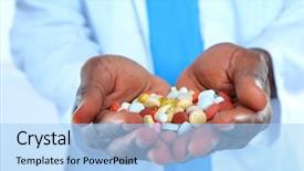  Presentation with doctor african - Audience pleasing presentation theme consisting of pharma industry - african doctor hands holding pills backdrop and a light blue colored foreground