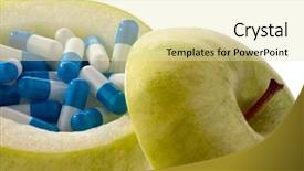  Presentation with vitamin - Audience pleasing PPT theme consisting of pharma industry - apple with tablets capsules representative backdrop and a blonde colored foreground