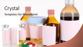  Presentation with bottles - Audience pleasing slide deck consisting of pharma injectables - pills and medicine bottles isolated backdrop and a  colored foreground