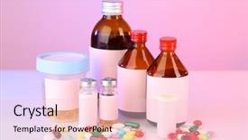  Presentation with pharma - Slide deck having pharma injectables - pills and medicine bottles background and a  colored foreground