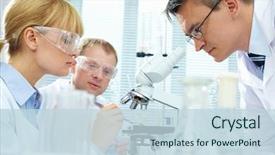  Presentation with laboratory - Presentation with pharmaceutical - group of clinicians experimenting background and a sky blue colored foreground