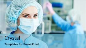  Presentation with worker - Slide deck consisting of pharmaceutical - pharmaceutics worker operator portrait background and a light blue colored foreground