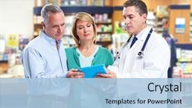  Presentation with senior couple - Slide deck with pharmaceutical - pharmacist and a senior couple background and a light blue colored foreground