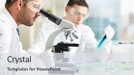  Presentation with chemical elements - Slide deck having pharmaceutical - serious clinicians studying chemical elements background and a sky blue colored foreground