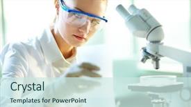  Presentation with chemist - Colorful presentation design enhanced with pharmaceutical - serious female chemist working backdrop and a sky blue colored foreground