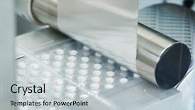  Presentation with pharmaceutical - Colorful presentation theme enhanced with pharmaceutical - tablet pill production blistering conveyer backdrop and a light gray colored foreground