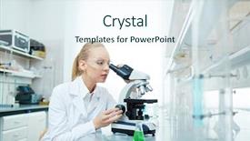  Presentation with medical analysis - Colorful slide deck enhanced with pharmaceutical analysis - portrait of beautiful blond scientist backdrop and a sky blue colored foreground