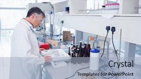  Presentation with pharmaceutical analysis - Theme featuring pharmaceutical analysis - scientist carrying out an experiment background and a light blue colored foreground
