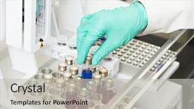  Presentation with laboratory microbiology - Audience pleasing slide set consisting of pharmaceutical analysis - scientist human hand in protective backdrop and a light gray colored foreground