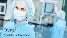  Presentation with worker - Beautiful presentation theme featuring pharmaceutical business - pharmaceutics worker operator portrait backdrop and a light blue colored foreground