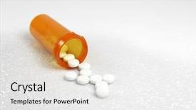  Presentation with out line of glass bottle - PPT theme consisting of pharmaceutical capsules - pills spill out of bottle background and a white colored foreground