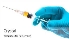  Presentation with pharmaceutical - Theme featuring pharmaceutical disposal - hand holding syringe isolated background and a white colored foreground