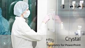  Presentation with pharmaceutical factory - Colorful theme enhanced with line at pharmacy industry manufacture backdrop and a light gray colored foreground