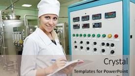  Presentation with pharmaceutical factory - Slide deck featuring pharmaceutical factory woman worker operating background and a coral colored foreground