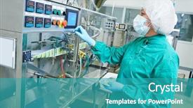  Presentation with pharmaceutical factory - Presentation theme having pharmaceutical factory woman worker operating background and a teal colored foreground