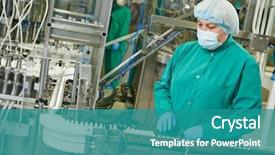  Presentation with pharmaceutical factory - Audience pleasing PPT theme consisting of pharmaceutical factory woman worker operating backdrop and a teal colored foreground