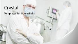 Presentation with pharmaceutical factory - Audience pleasing PPT layouts consisting of pharmaceutical factory worker at pharmacy backdrop and a white colored foreground