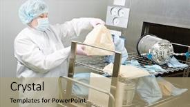  Presentation with autoclave - Cool new slides with pharmaceutical factory worker operating autoclave backdrop and a coral colored foreground