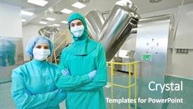  Presentation with pharmacy tablet - Beautiful presentation theme featuring pharmaceutical factory workers in front backdrop and a teal colored foreground