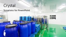  Presentation with pharmaceutical factory - Beautiful presentation theme featuring pharmaceutical factory workshop interior backdrop and a light gray colored foreground