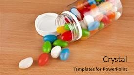  Presentation with plastic bottle - PPT theme featuring pharmaceutical gum - colored pills pouring background and a coral colored foreground