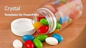 Presentation with capsules pills pill doctor prescription - PPT layouts consisting of pharmaceutical gum - colored pills pouring background and a coral colored foreground