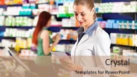  Presentation with pharmaceutical - Amazing slide deck having pharmaceutical industry - female pharmacist in her pharmacy backdrop and a coral colored foreground