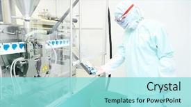  Presentation with pharmaceutical factory - PPT theme featuring pharmaceutical industry male factory worker background and a arctic colored foreground