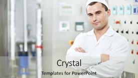  Presentation with water production - Colorful PPT layouts enhanced with pharmaceutical man worker in water backdrop and a light gray colored foreground