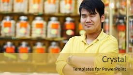  Presentation with pharmaceutical - PPT layouts enhanced with pharmaceutical marketing - chinese young smiling male assistant background and a yellow colored foreground