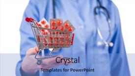  Presentation with pills - Slide set consisting of pharmaceutical marketing - doctor with shopping cart full background and a light blue colored foreground