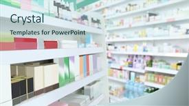  Presentation with pharmaceutical - Colorful PPT layouts enhanced with pharmaceutical marketing - various products on shelves backdrop and a sky blue colored foreground