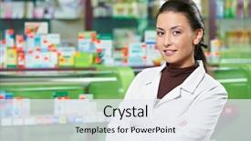  Presentation with chemist - PPT theme with pharmaceutical medicine - cheerful pharmacist chemist woman standing background and a sky blue colored foreground