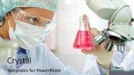  Presentation with sample - PPT theme having pharmaceutical medicine - chemist holding sample of liquid background and a light blue colored foreground