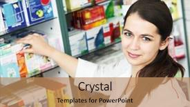  Presentation with chemist - Audience pleasing PPT theme consisting of pharmaceutical medicine - happy cheerful pharmacist chemist woman backdrop and a coral colored foreground