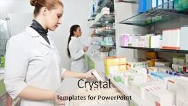  Presentation with chemist - Slide deck consisting of pharmaceutical medicine - two pharmacist chemist women working background and a lemonade colored foreground