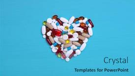  Presentation with pharmaceutical tablets - PPT layouts having pharmaceutical medicine pills tablets and capsules in the shape of a heart on a blue background background and a teal colored foreground