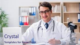  Presentation with computer - Audience pleasing PPT layouts consisting of pharmaceutical medicine presentation - young adult doctor with laptop backdrop and a sky blue colored foreground