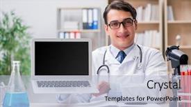  Presentation with computer - Presentation design featuring pharmaceutical medicine presentation - young adult doctor with laptop background and a  colored foreground