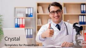  Presentation with hospital - Theme consisting of pharmaceutical medicine presentation - young adult doctor working background and a  colored foreground