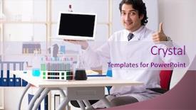  Presentation with mouse in a lab - Cool new slide deck with pharmaceutical medicine presentation - young handsome chemist working backdrop and a  colored foreground