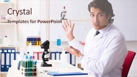  Presentation with product innovation lab - Presentation theme consisting of pharmaceutical medicine presentation - young handsome chemist working background and a  colored foreground