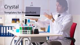  Presentation with fuel lab images - Colorful presentation design enhanced with pharmaceutical medicine presentation - young handsome chemist working backdrop and a  colored foreground