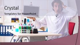  Presentation with fuel lab images - Audience pleasing presentation design consisting of pharmaceutical medicine presentation - young handsome chemist working backdrop and a  colored foreground