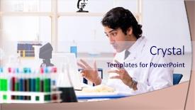  Presentation with lab coats sales - PPT theme featuring pharmaceutical medicine presentation - young handsome chemist working background and a  colored foreground