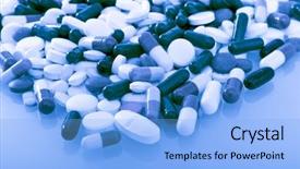  Presentation with pills - Presentation theme consisting of pharmaceutical pellet - background made of colorful pills background and a light blue colored foreground