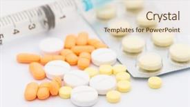  Presentation with pellet - Slide set consisting of pharmaceutical pellet - medication and insulin syringe background and a lemonade colored foreground